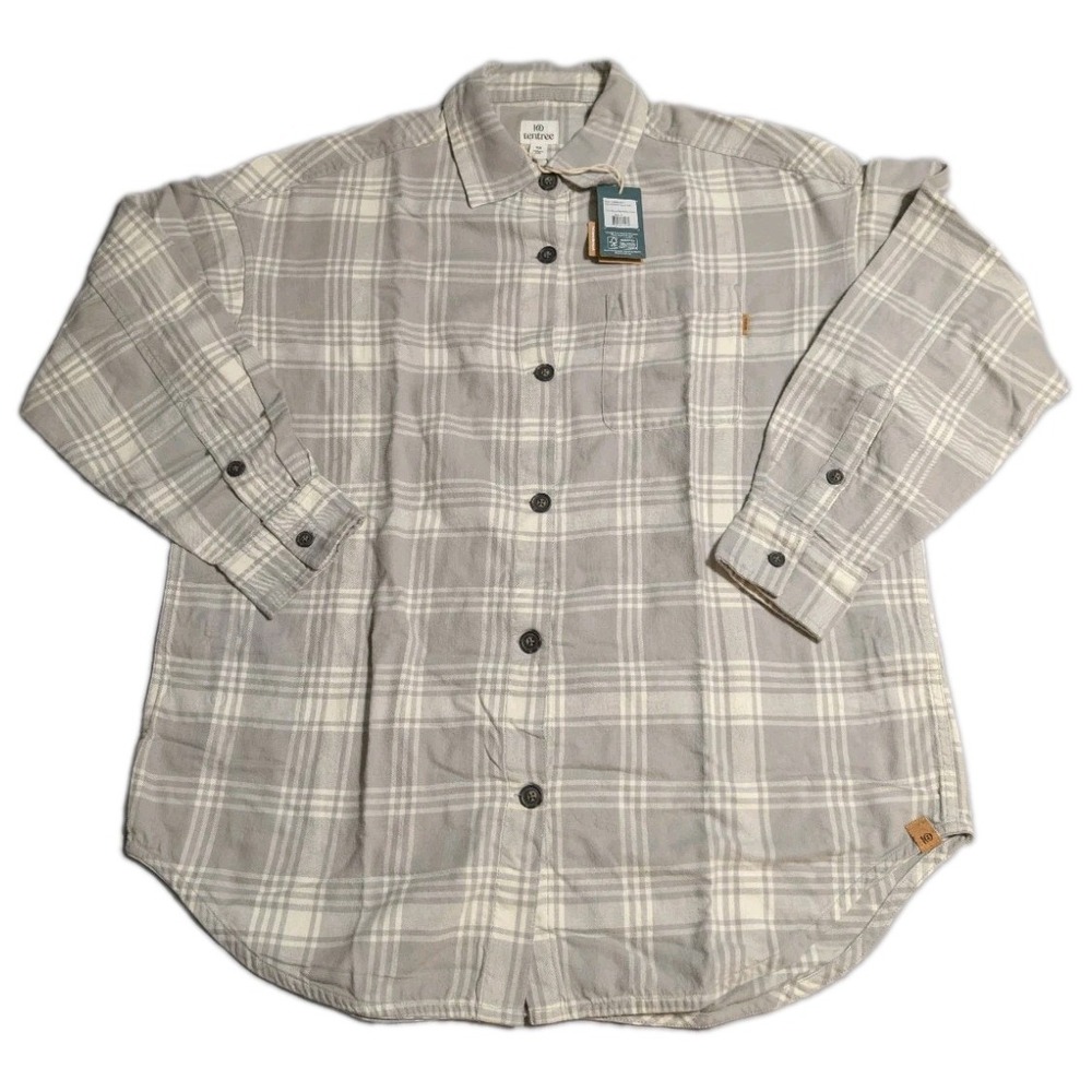 tentree Kapok Flannel Shirt Womens XS Stone Grey Plaid Oversized NWT